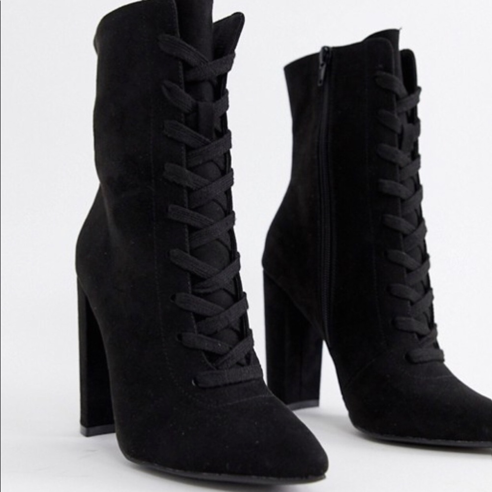 Black lace up heels boots